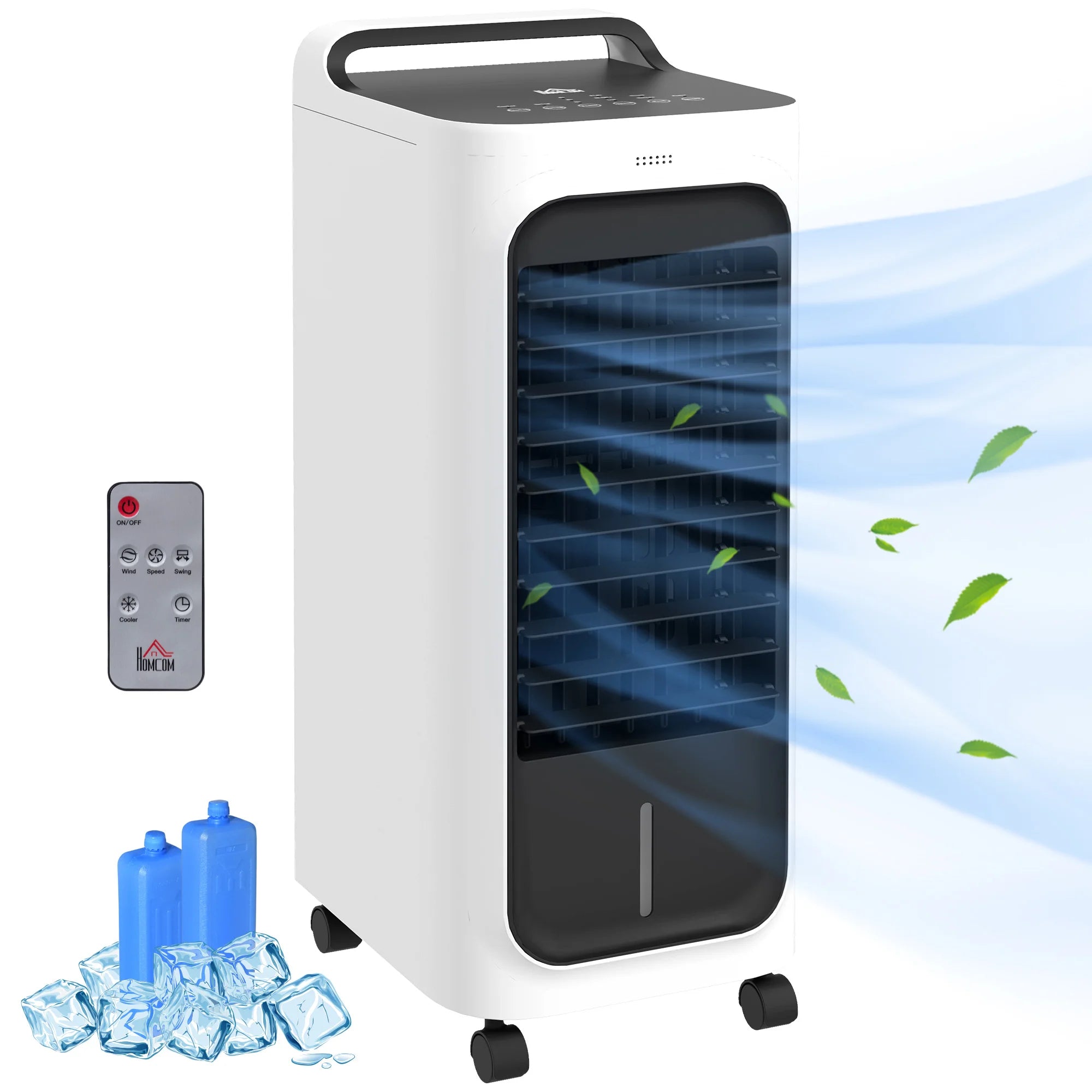 Portable Air Cooler with Ice Packs 5L Tank 3 Modes 90° Oscillation Remote Control Timer for Home Office White