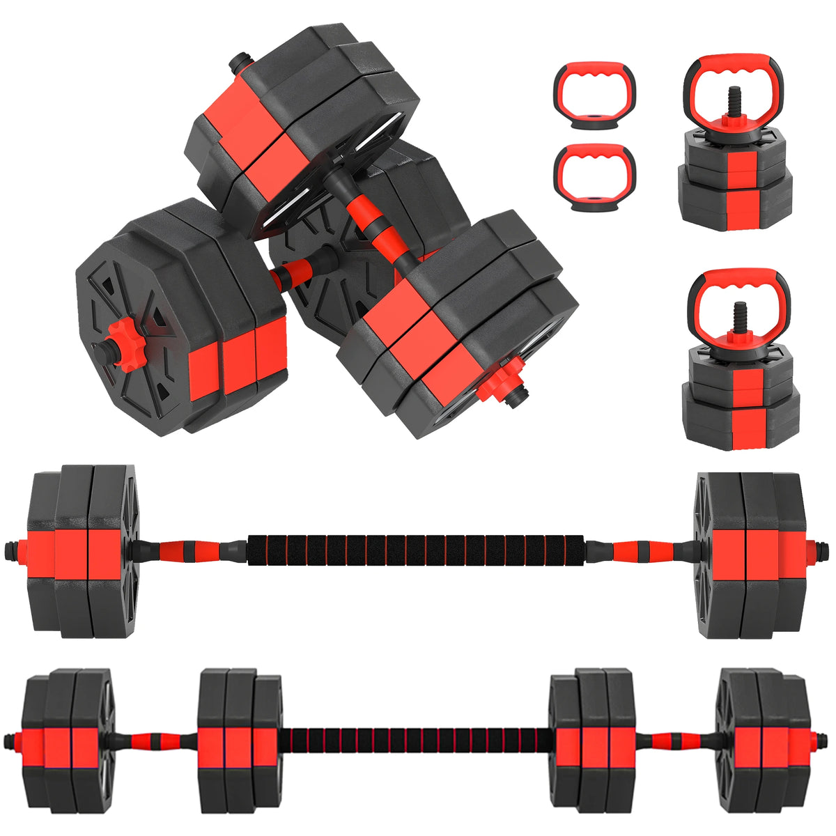30kg 6-in-1 Adjustable Dumbbell Set with Barbell and Kettlebell Conversion, Red