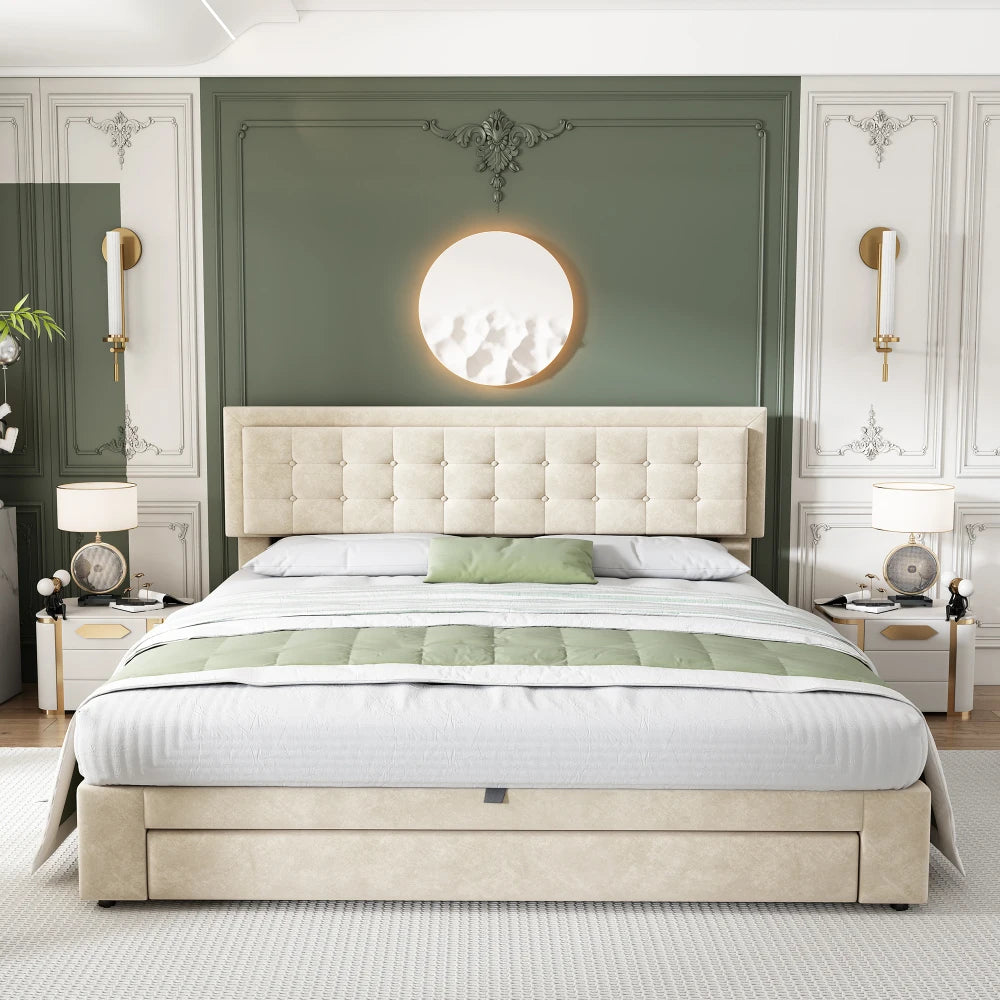 Super King 6ft Upholstered Bed Frame with Storage, Cream Velvet, Height-Adjustable Headboard