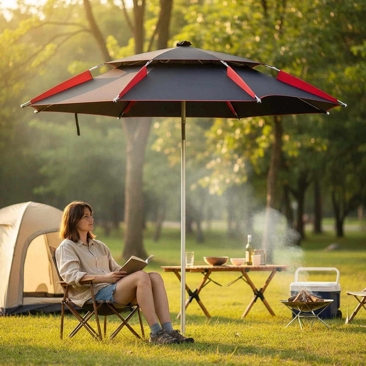 Large Double-Layer Beach and Fishing Umbrella, Portable Garden Parasol, Red