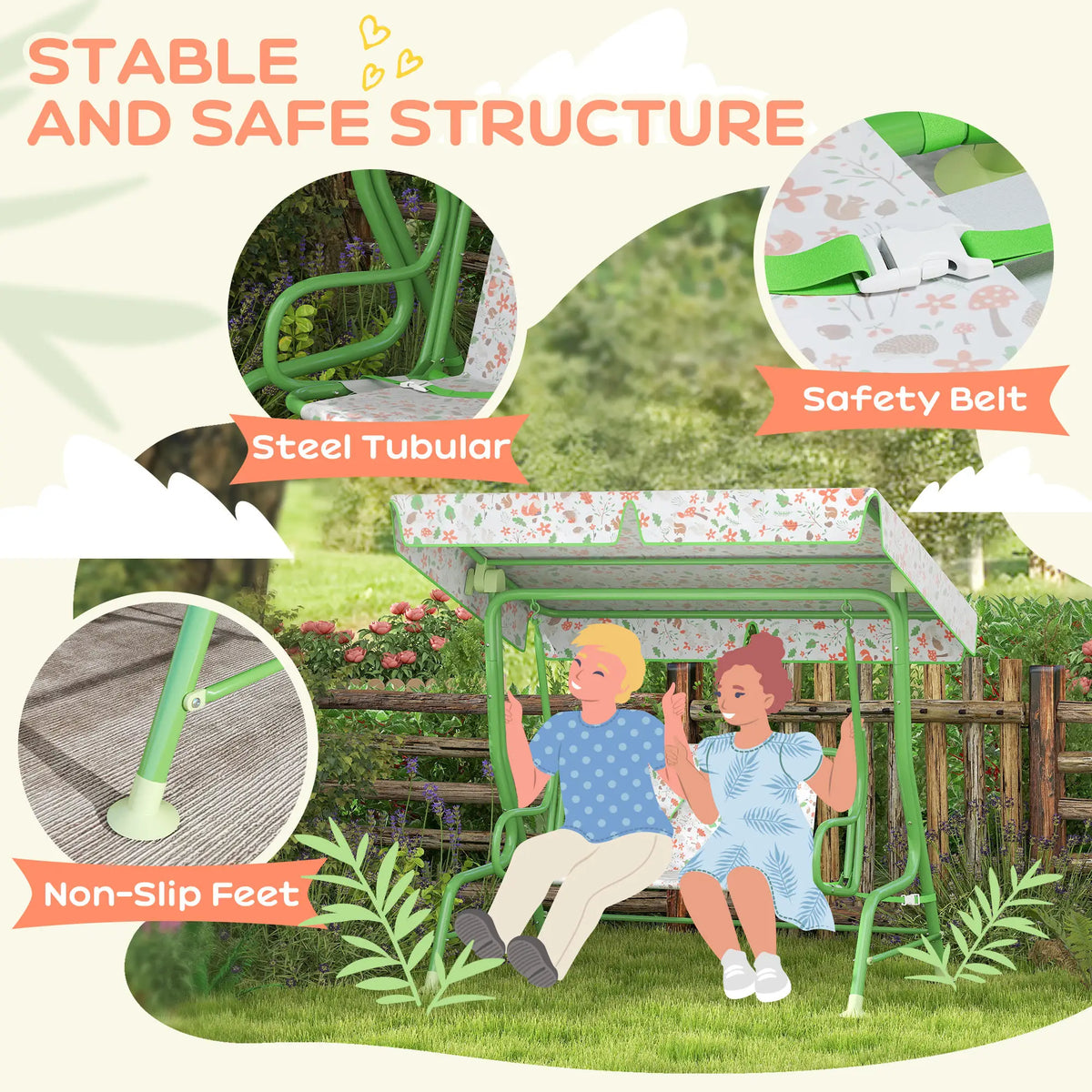 2 Seater Kids Garden Swing Chair with Adjustable Canopy Non Skid Feet Fox Pattern Steel Frame Green
