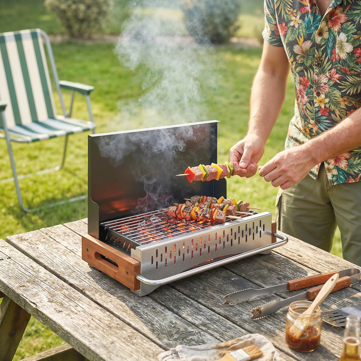Portable Folding Charcoal BBQ Grill, Briefcase Design, Black