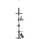 Floor to Ceiling Cat Tree 5 Tier 230-260cm Adjustable Height Scratching Post Plush Platforms for Indoor Cats Grey