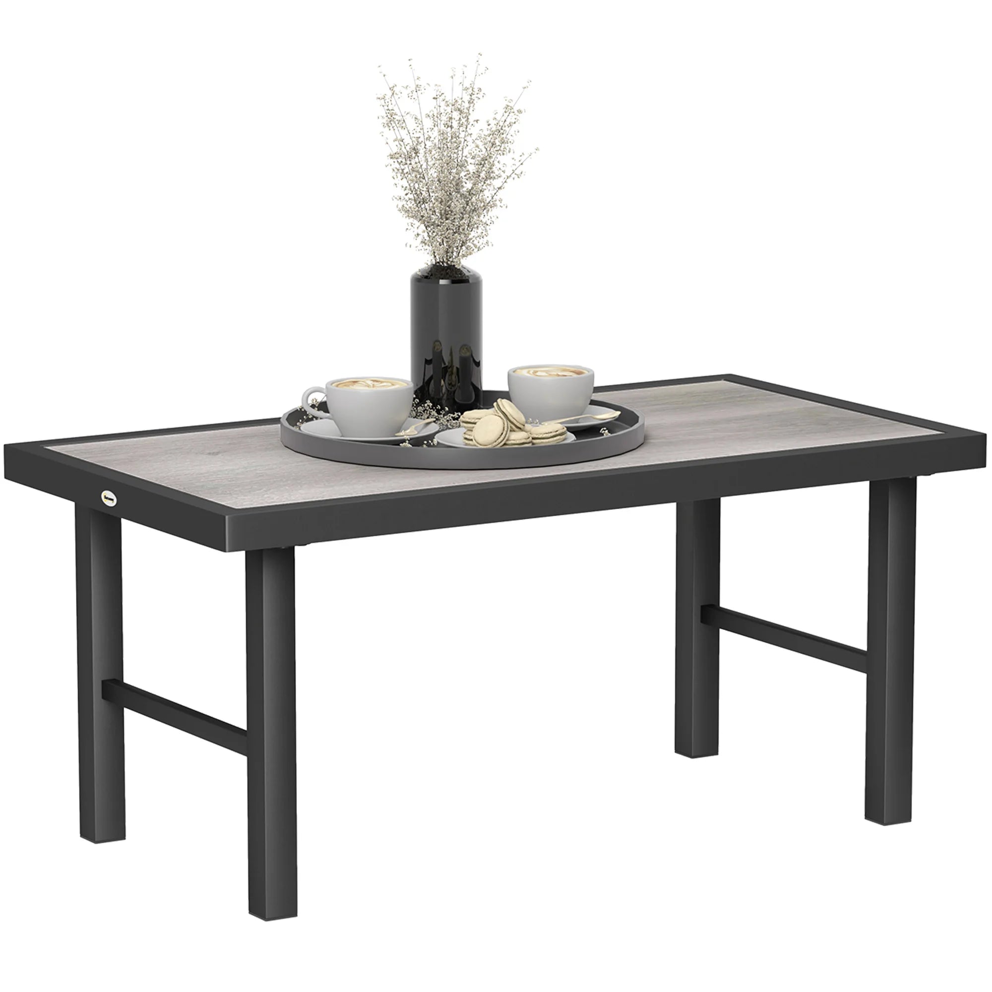 Outdoor Garden Coffee Table 100x53cm SPC Wood Grain Top Powder Coated Metal Frame Weather Resistant Brown