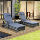 3 Piece Rattan Patio Lounger Set 2 Recliner Sun Chairs with Wheels Glass Side Table Cushions Headrests Outdoor