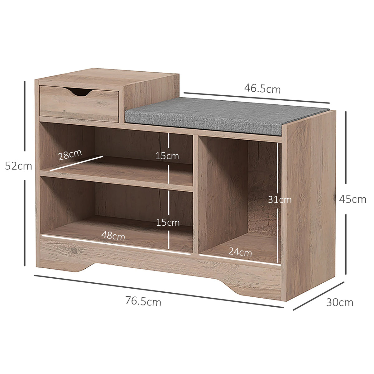 Upholstered Hallway Shoe Storage Bench with Drawer and Open Shelves
