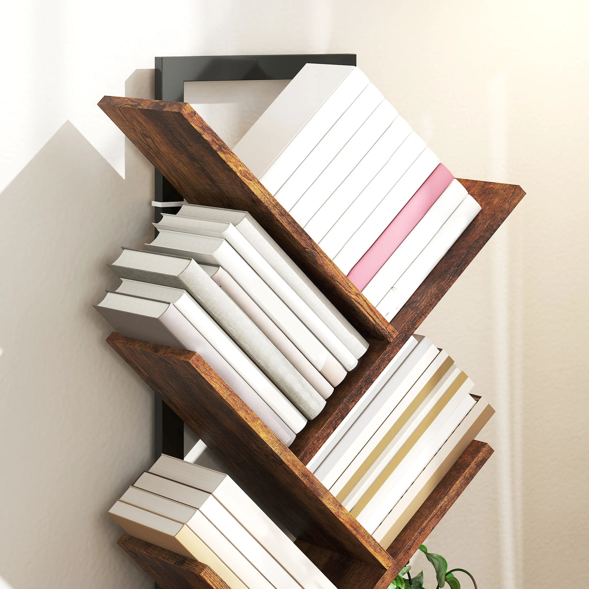 7-Tier Tree Bookshelf with Steel Frame for Living Room, Rustic Brown