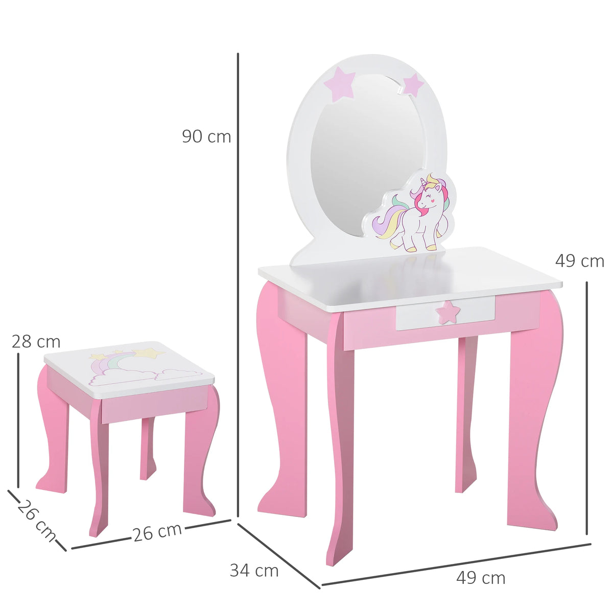 Kids Unicorn Dressing Table with Large Acrylic Mirror Drawer Stool MDF Rounded Edges Ages 3-6 Pink