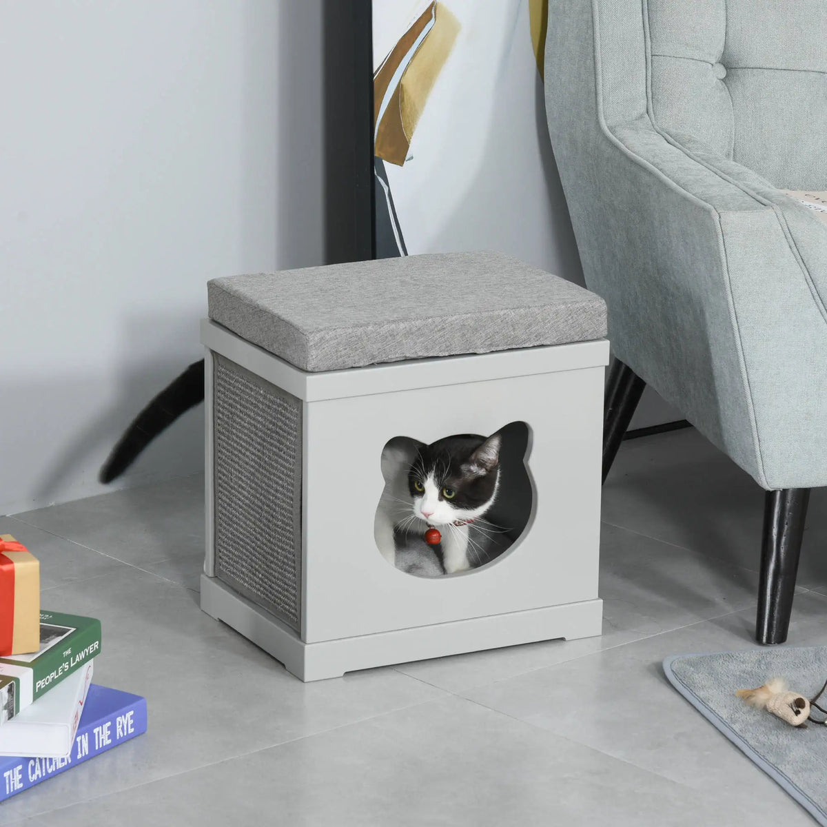 Cat House Cube with Bed on Top 2 Sisal Scratching Pads and Removable Washable Cushions MDF Indoor