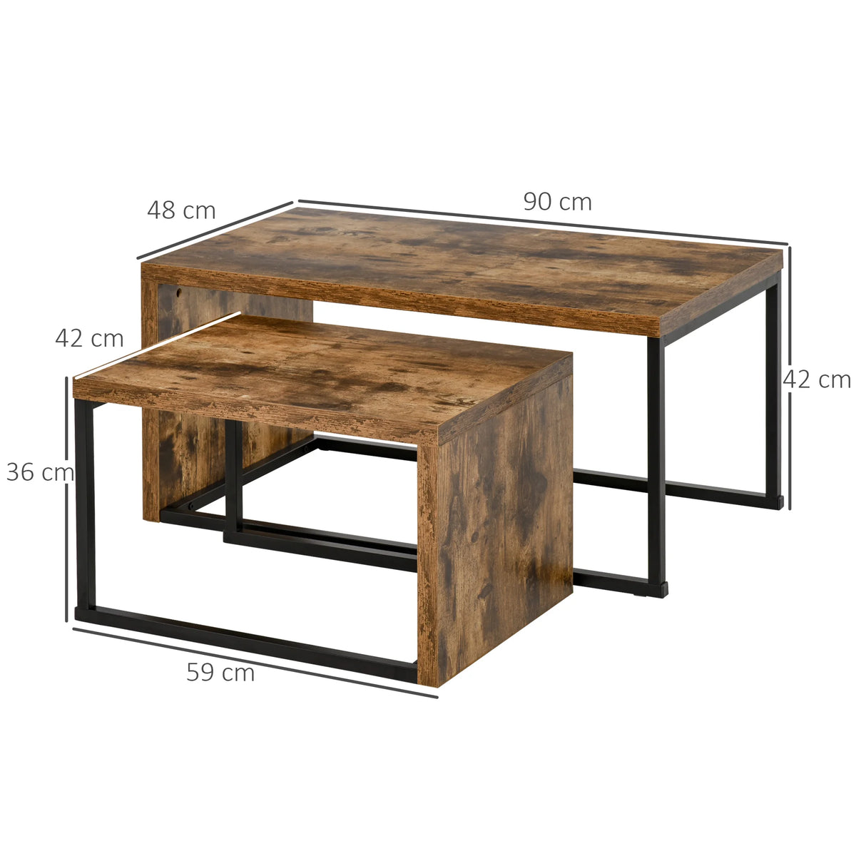 Industrial Nesting Coffee Tables, Set of 2, Rustic Brown