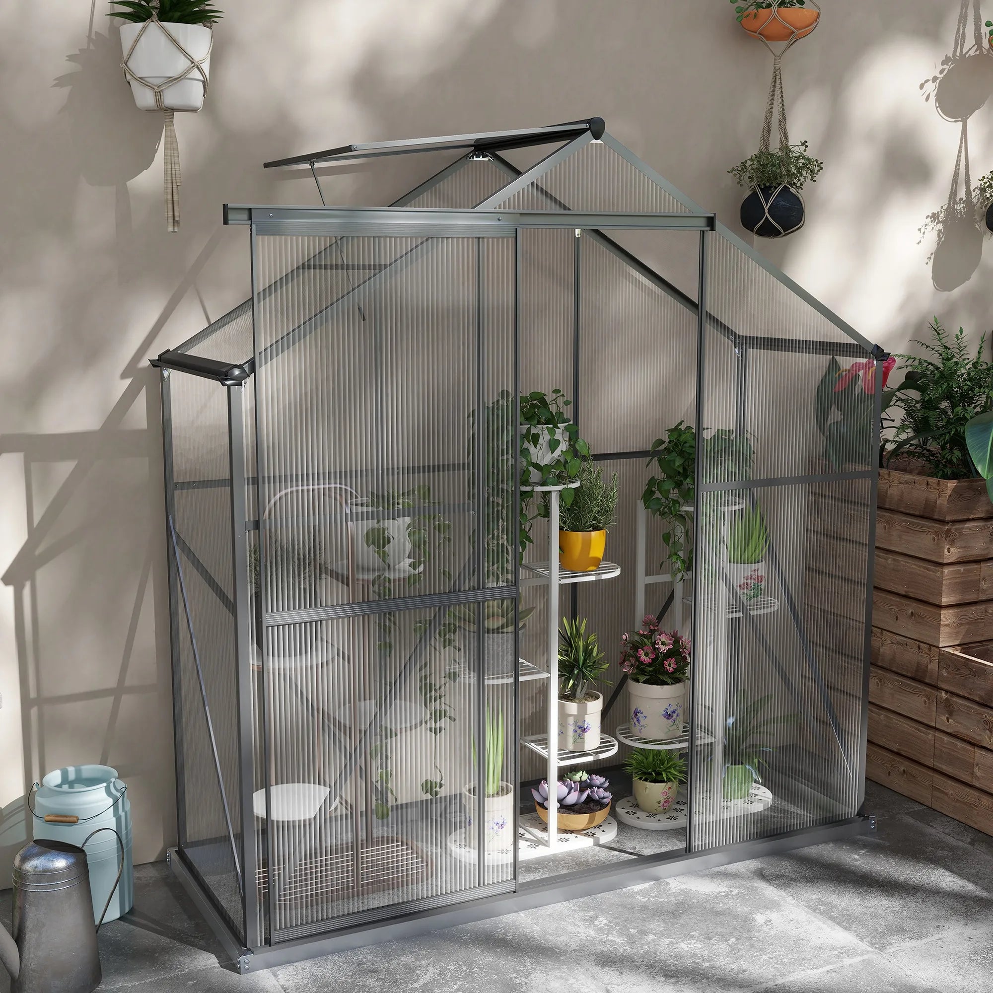 6 x 2.5ft Polycarbonate Walk-In Greenhouse with Sliding Door, 5-Level Window and Aluminium Frame
