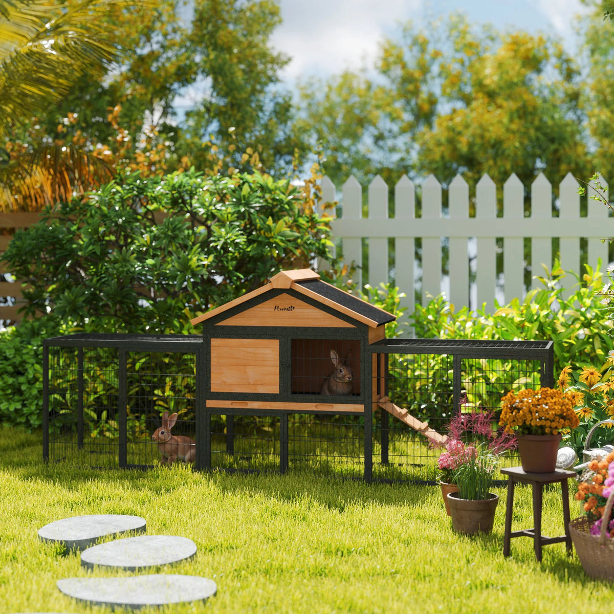 Outdoor Rabbit Hutch with Steel Run 217x53x86cm Guinea Pig Cage Asphalt Roof and Removable Tray Natural