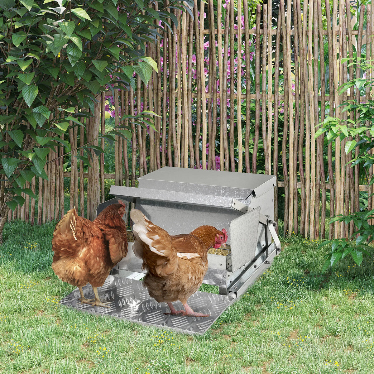 Automatic Chicken Feeder 11.5kg Galvanised Steel Rainproof Treadle Poultry Feeder for 10 Birds