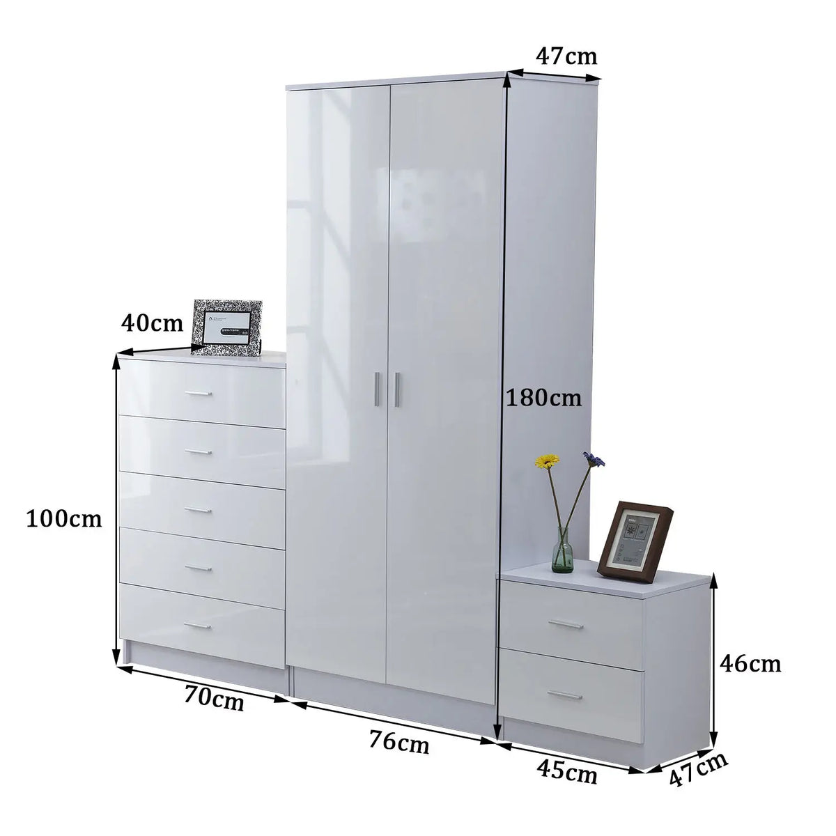High Gloss Wardrobe, Chest of Drawers & Bedside Set, White