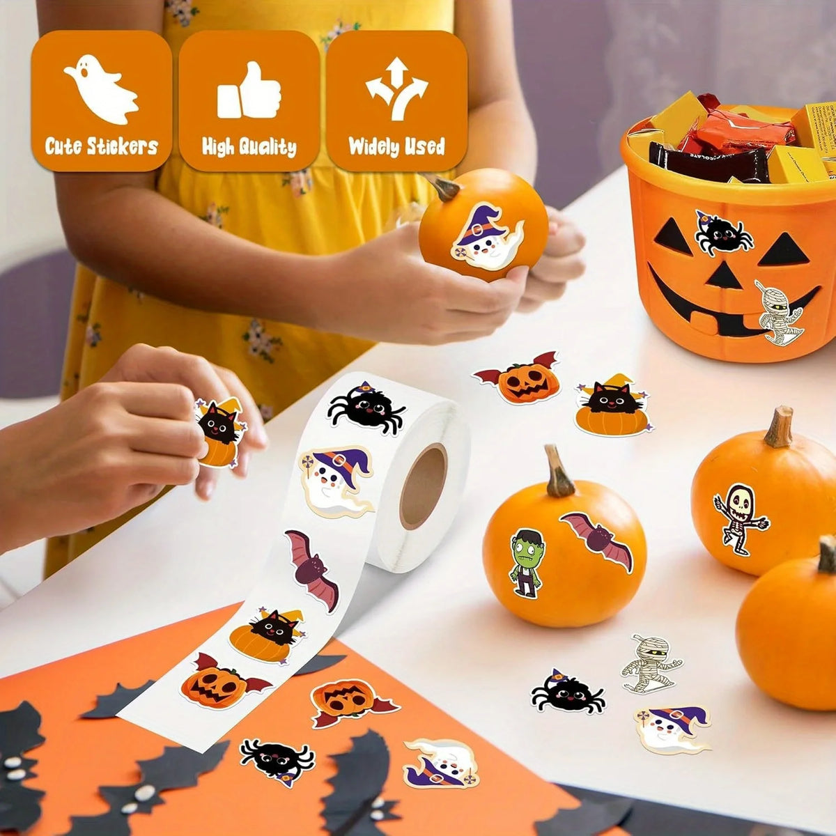 Halloween Sticker Roll with Pumpkin, Ghost, Bat and Skeleton Designs