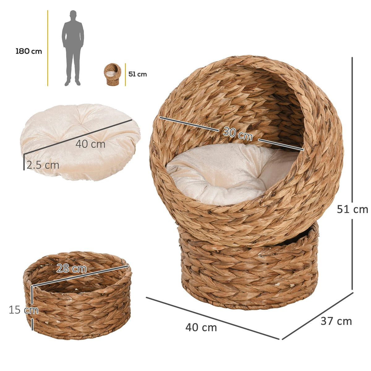 Wicker Cat House with Raised Base and Washable Cushion, 40 x 37 x 51cm, Brown