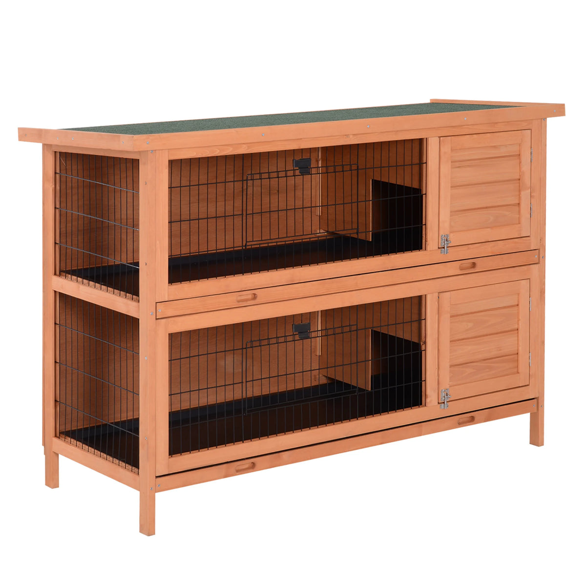 Large Rabbit Hutch 54 Inch 2 Tier with Divider 4 Doors 2 Sliding Trays and Asphalt Roof Fir Wood