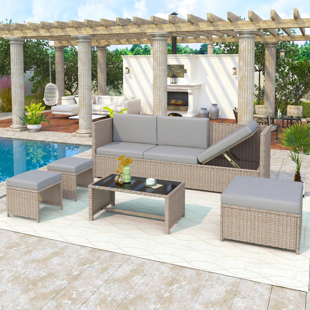 4-6 Seater Rattan Garden Lounge Set with Coffee Table, Khaki