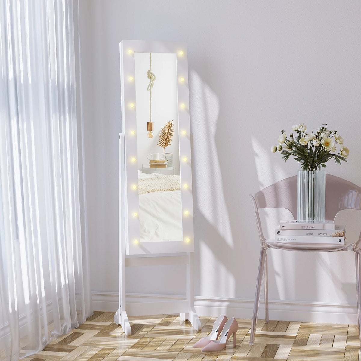 Freestanding LED Mirrored Jewellery Cabinet with Full-Length Mirror, White
