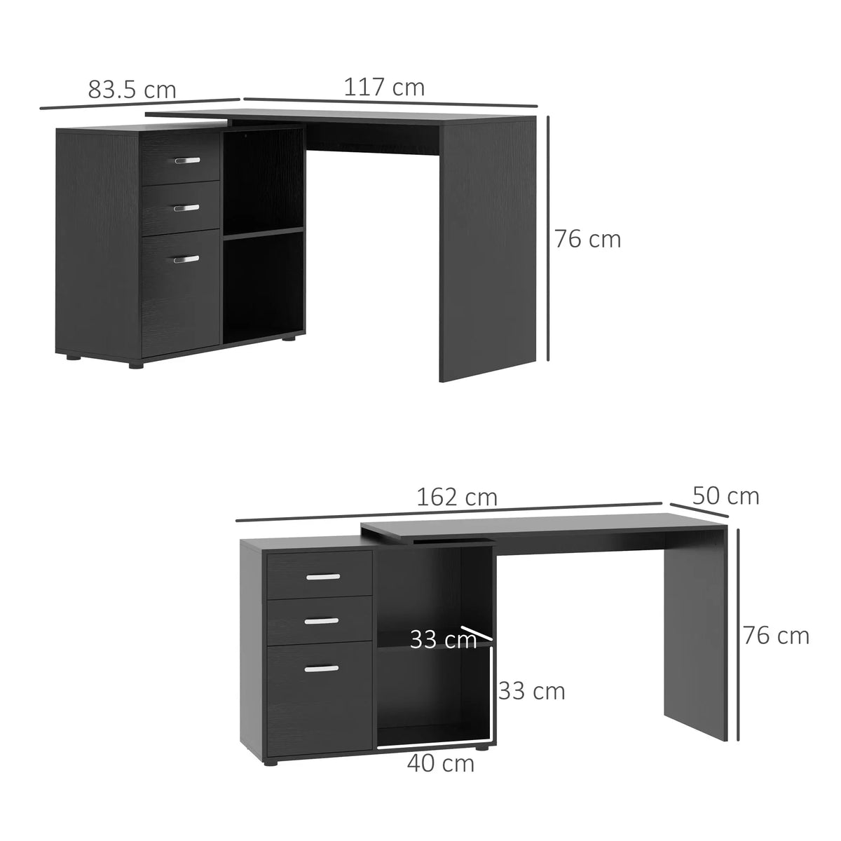 Convertible L-Shaped Computer Desk with File Cabinet, Drawers and Shelves, Black