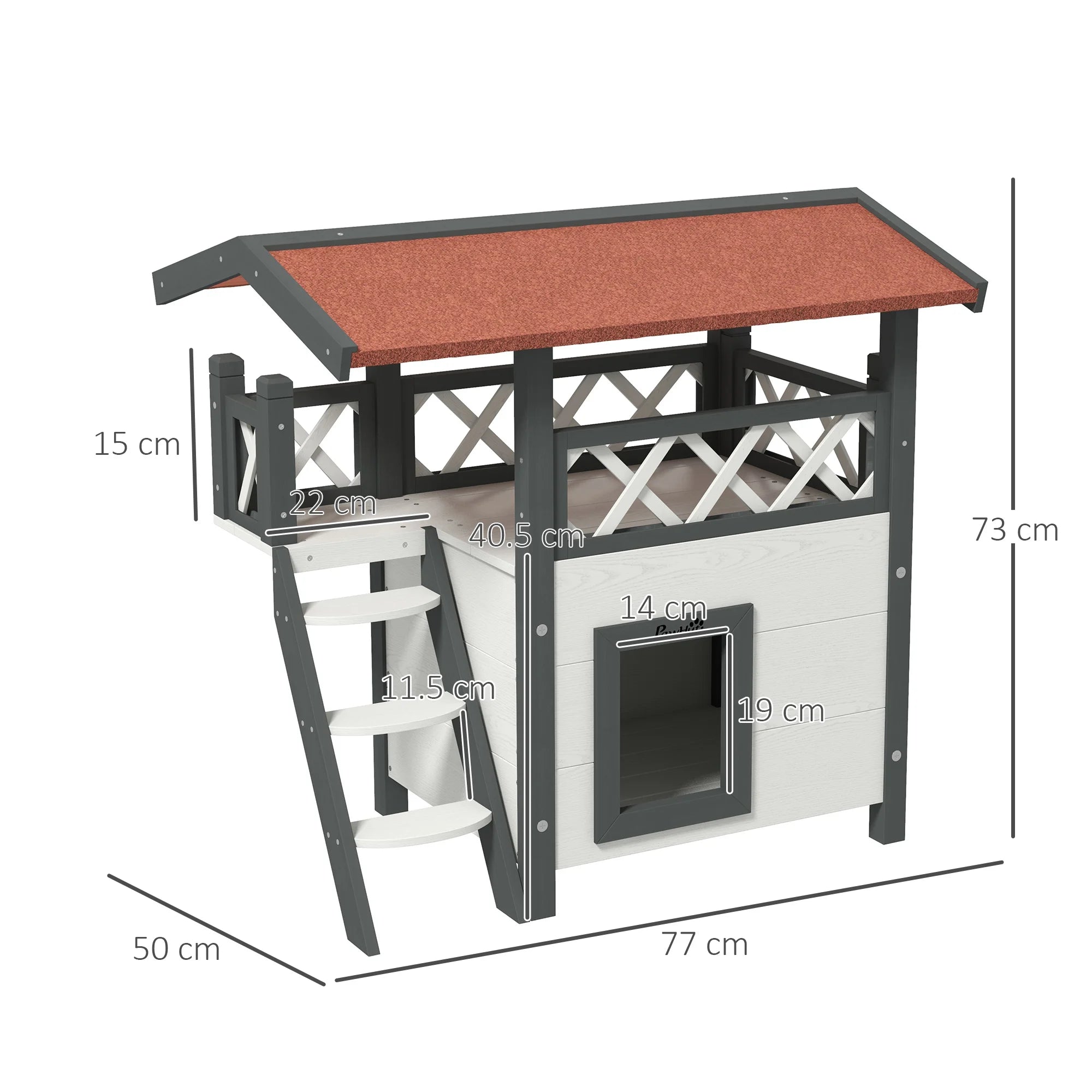 Outdoor Cat House with Balcony Side Stairs and Asphalt Roof Elevated Wooden Cat Retreat for Cats under 4kg