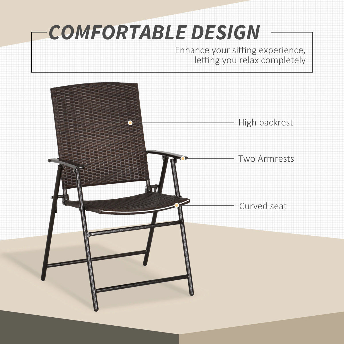 2pcs Rattan Chair Garden Furniture, Foldable Wicker Chairs with Steel Frame, Brown