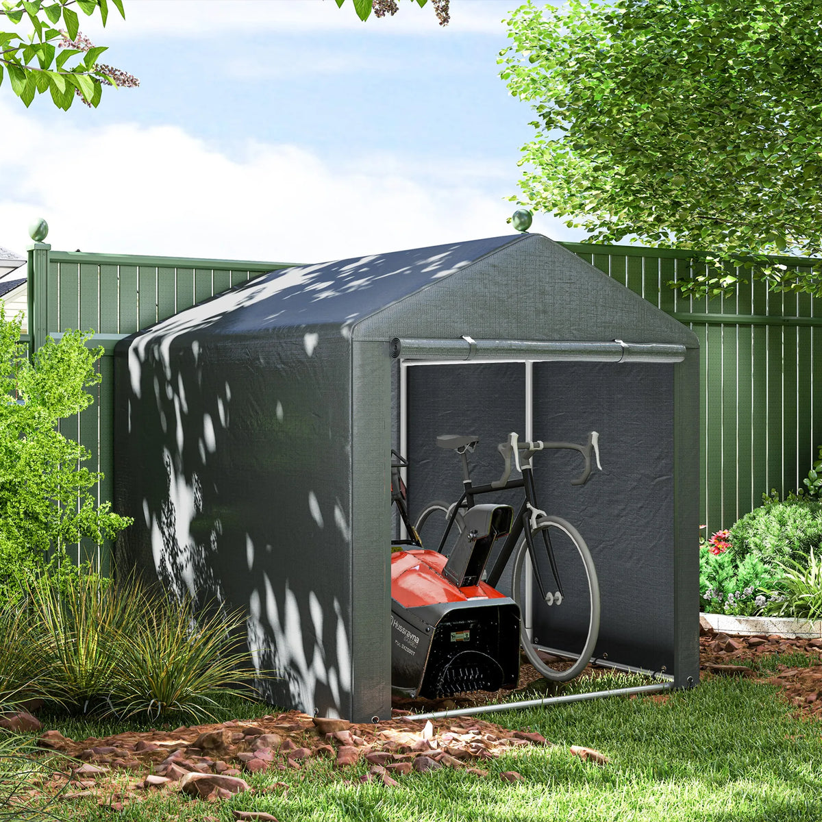 Portable Garden Storage Shed 1.6x2.2m for 3 Bikes or Motorbike UV Resistant Galvanised Steel Frame Dark Grey