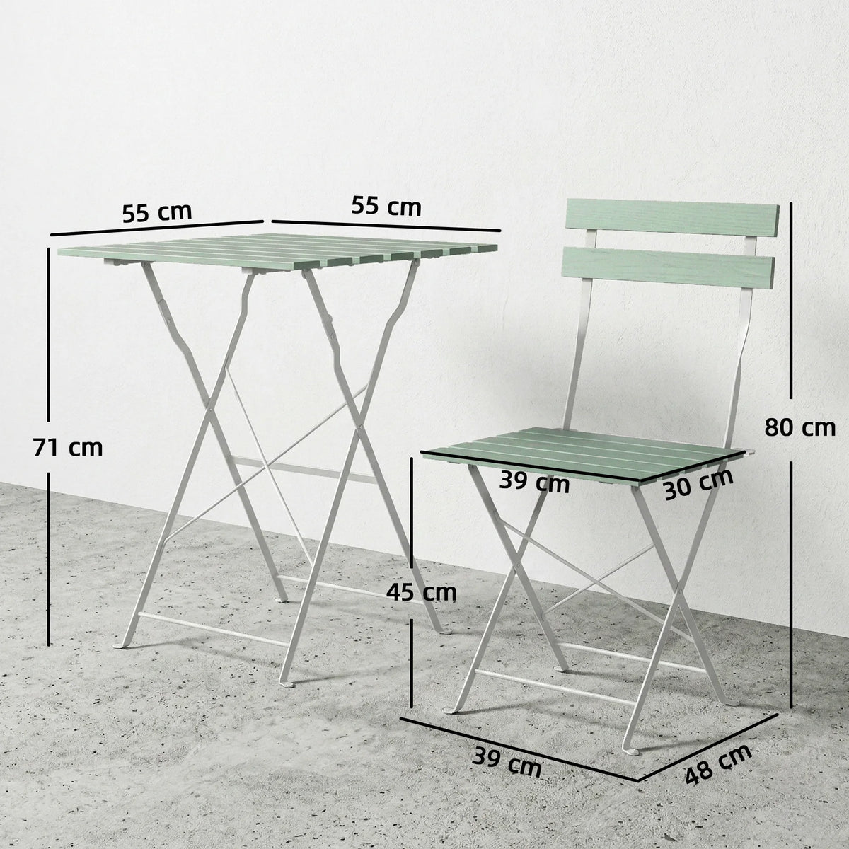 3 Piece Folding Bistro Set for 2, Acacia Wood and Metal, Green and White