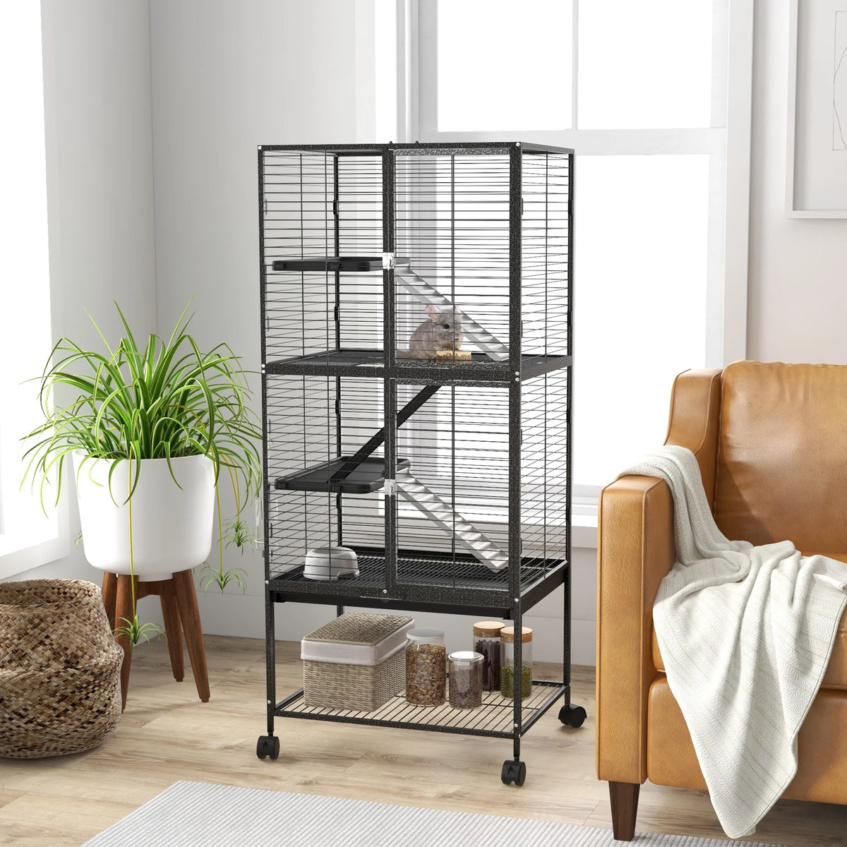 Ferret Cage 136cm 4 Tier Rolling Small Animal Cage with 3 Doors Ramps Water Bottle and Shelf Grey