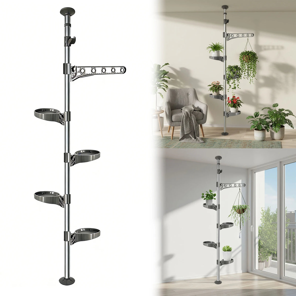 4 Layer Tension Rod Plant Stand Adjustable 175-290cm Floor to Ceiling for French Window Corner Home Decor