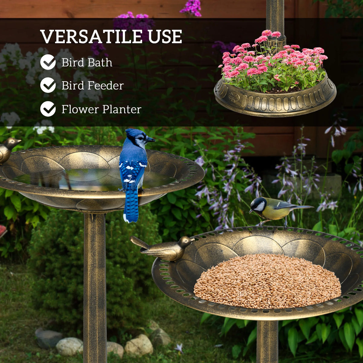 Bird Bath 72cm Tall with 2 Basins Bird Statue Flower Pattern Hand Painted Plastic Frost Resistant Bronze Tone
