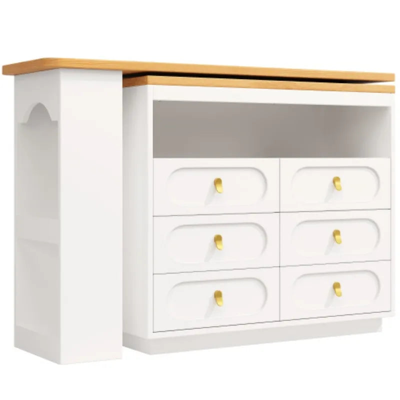White Extendable Bar Table with 360° Rotating Side Table | Kitchen Island with 6 Drawers and Spice Rack 137-203cm