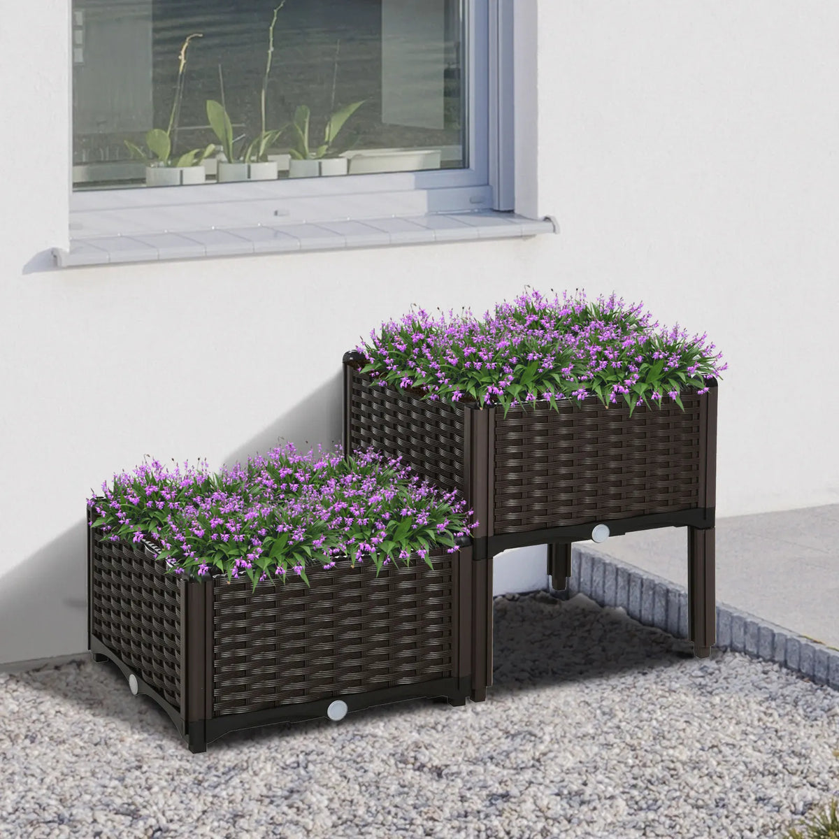 Set of 2 Raised Planters 40x40x44cm Rattan Effect Plastic Plant Stands with Self Watering Discs Brown
