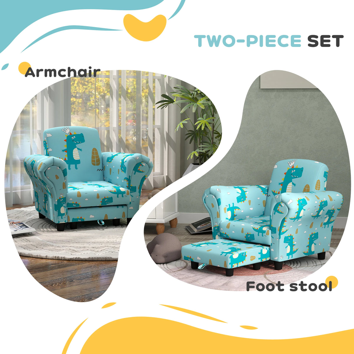 2 Piece Kids Sofa Set Armchair with Tuck Away Stool Dinosaur Print Wooden Frame for Ages 1.5-3 Years