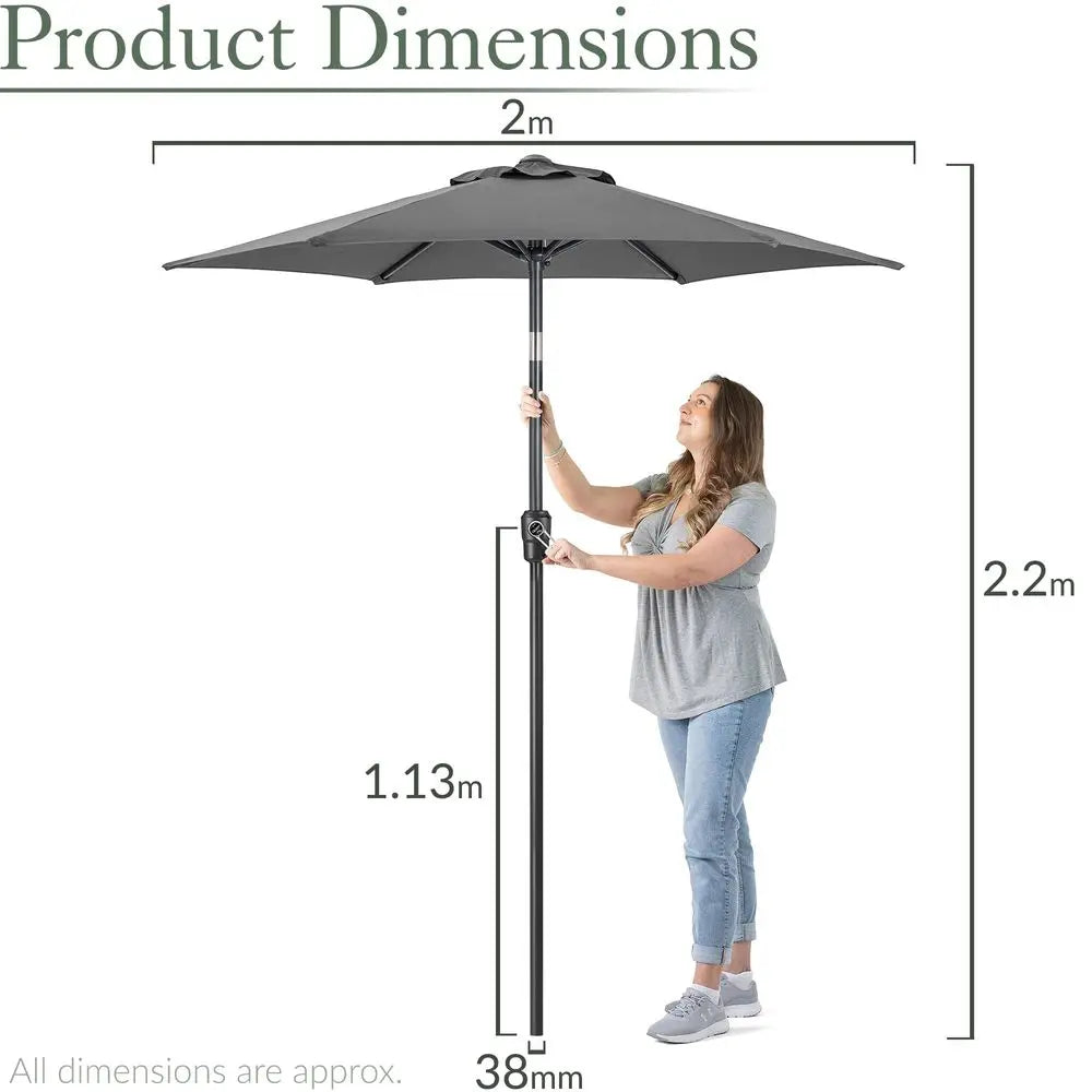 2m Tilting Garden Parasol with Crank Handle, Aluminium Pole, UPF 30, Grey