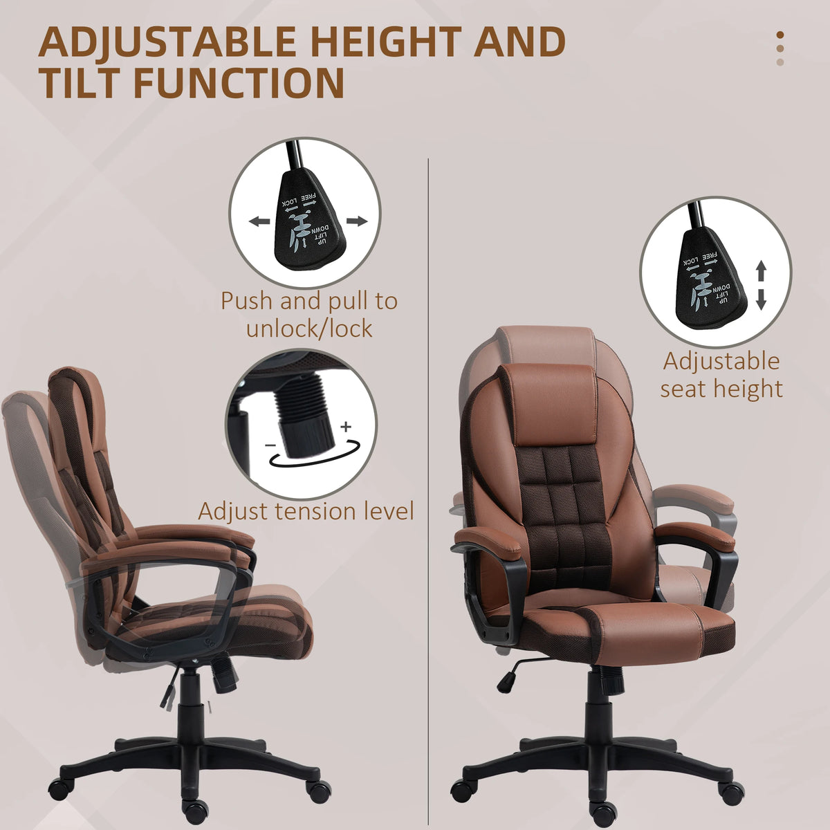 Executive Office Chair High Back with Mesh Back Panel Tilt Function 48-58cm Height 120kg PU Castors Brown