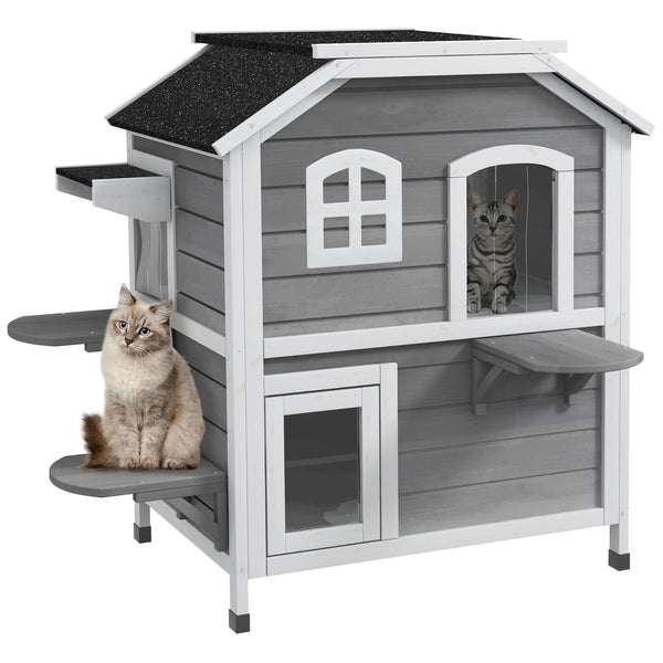 Two-Level Outdoor Wooden Cat House with Openable Roof and Multiple Entrances