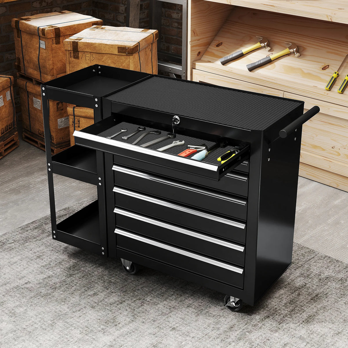 7-Drawer Lockable Steel Tool Chest on Wheels with Side Shelf, Black