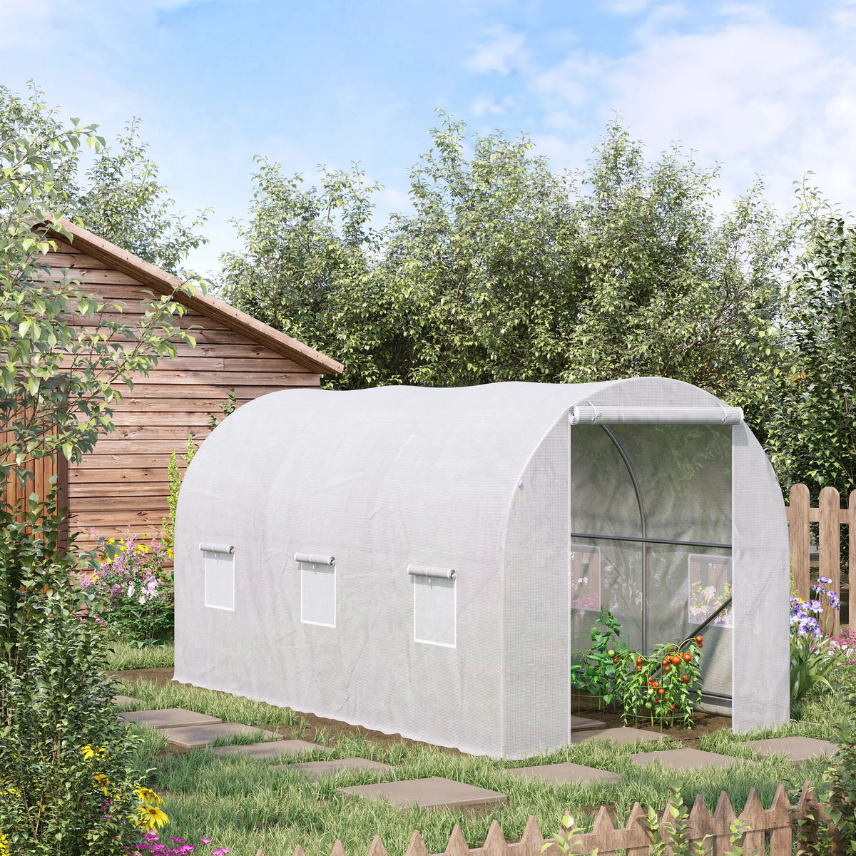 Walk In Polytunnel Greenhouse 3.5x2x2m with Mesh Windows Galvanised Steel Frame Grid Threaded PE Cover White