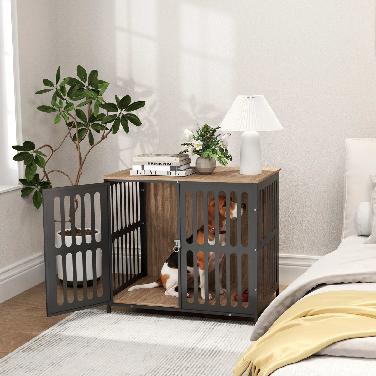 Dog Crate Furniture with Anti-Chew Resistant Mesh for Medium Dogs
