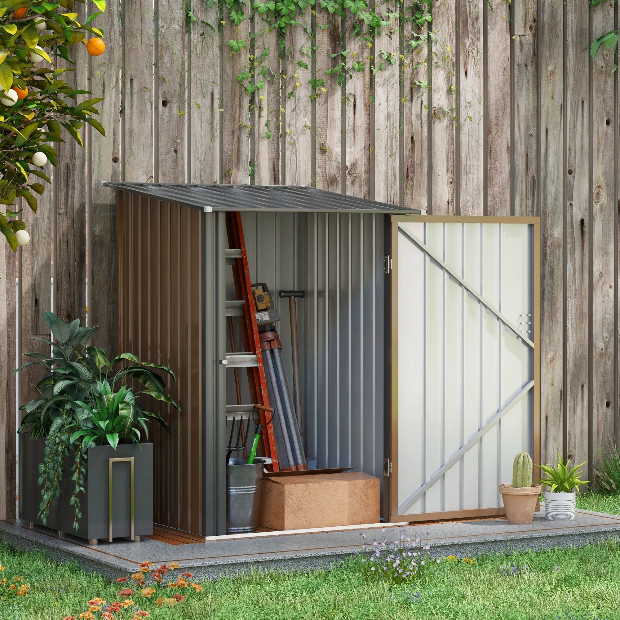 3.3 x 3.4ft Galvanised Metal Lean-To Garden Storage Shed with Lockable Latched Door