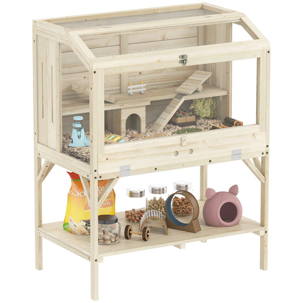 2 Tier Wooden Hamster Cage with Storage Shelf Clear Panels Seesaws Ramps and Side Vents Natural