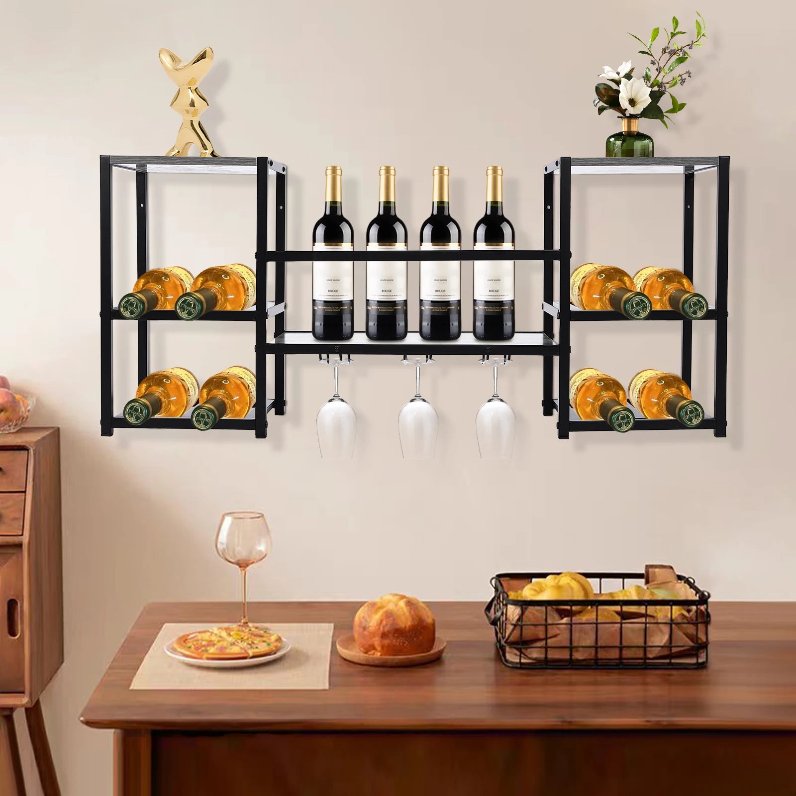 3-Tier Wall and Floor Mounted Wine Rack with Glass Holder | Black Wood Grain Finish Heavy Duty Bottle Display Shelf
