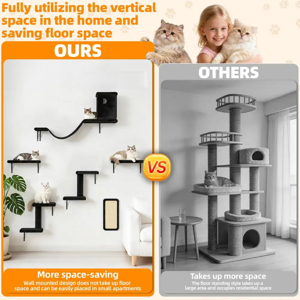 6 in 1 Cat Wall Shelves Wall Mounted Floating Furniture Bed Scratching Post Perch Bridge Condo Black