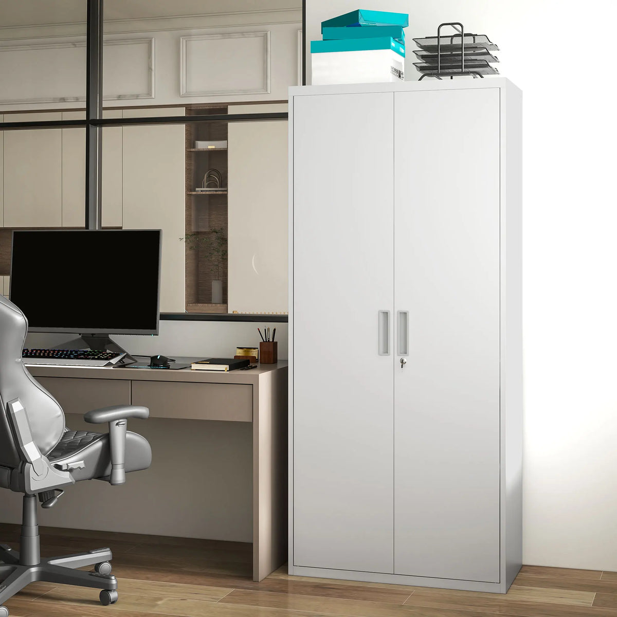 Lockable Metal Filing Cabinet with 2 Doors, Home Office Storage, White
