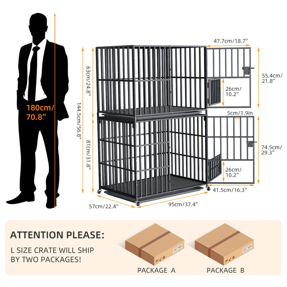 BORWART Oversized Stackable Double Layer Dog Crate 107x77.5x156.5cm Heavy Duty Lockable Wheels for Medium Large Dogs