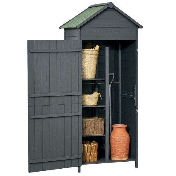 Wooden Garden Storage Shed with 3 Shelves and 2 Doors, 84 x 52 x 188 cm, Grey