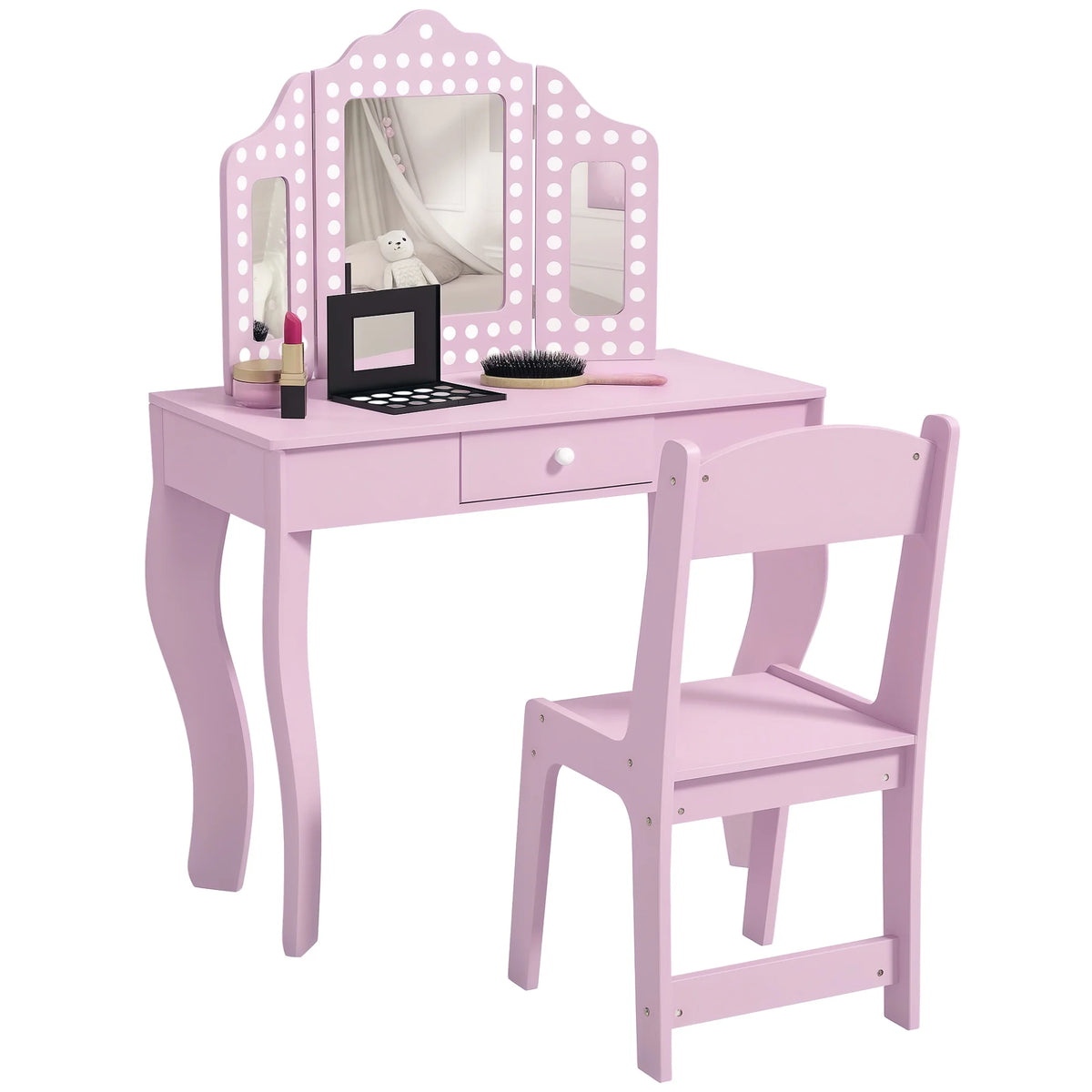 Kids Dressing Table and Stool Set with Tri-Fold Mirror and Drawer, Pink