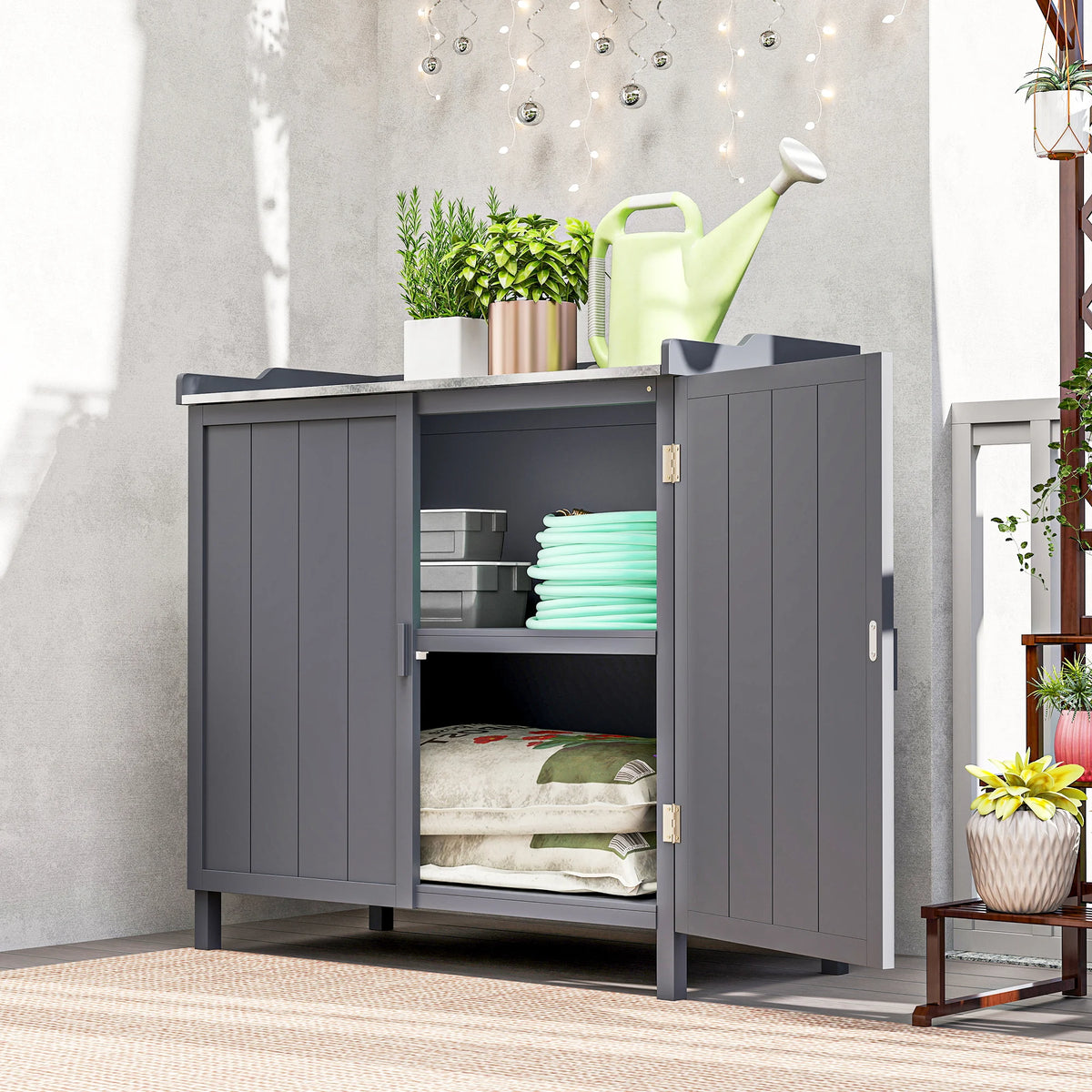 Wooden Potting Bench with Storage Cabinet and Galvanised Top, Grey