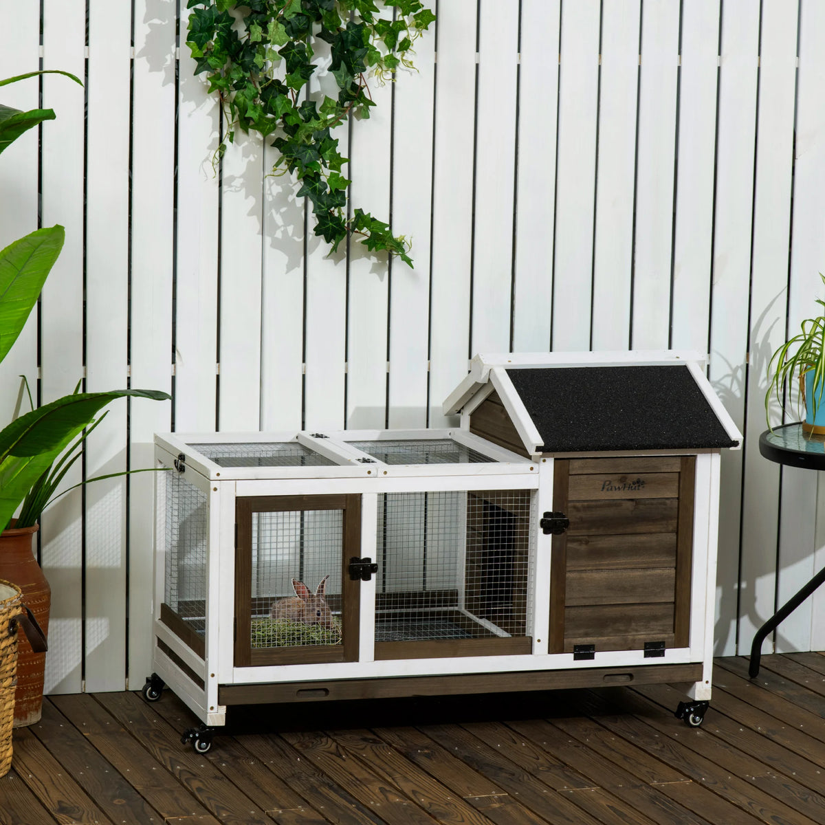 Wooden Rabbit Hutch on Wheels 108x58x73.5cm with Run Openable Roof and Removable Tray Fir Wood